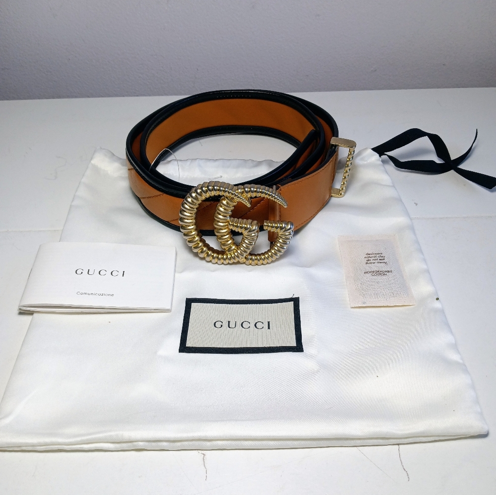 NEW GUCCI GG WIDE BELT GOLD-TONE TORCHON BUCKLE COGNAC/BLACK LEATHER SZ 36/90 - Picture 11 of 16